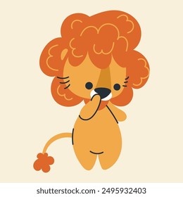 Cute kawaii lion in cartoon, flat, doodle, simple style. Design element for posters, postcards, greeting cards, wallpapers, children's clothes, fabrics, t-shirts, logos