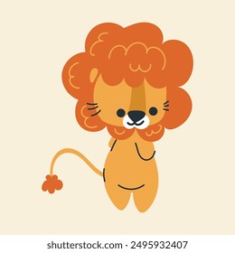 Cute kawaii lion in cartoon, flat, doodle, simple style. Design element for posters, postcards, greeting cards, wallpapers, children's clothes, fabrics, t-shirts, logos