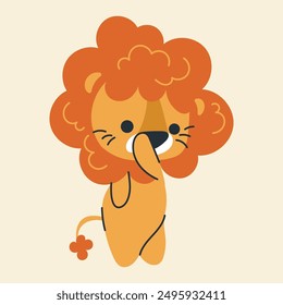 Cute kawaii lion in cartoon, flat, doodle, simple style. Design element for posters, postcards, greeting cards, wallpapers, children's clothes, fabrics, t-shirts, logos