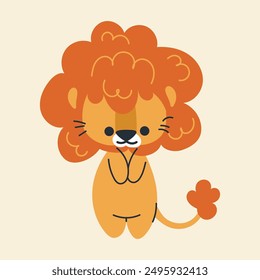 Cute kawaii lion in cartoon, flat, doodle, simple style. Design element for posters, postcards, greeting cards, wallpapers, children's clothes, fabrics, t-shirts, logos