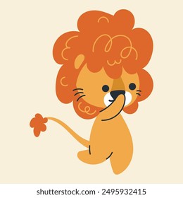 Cute kawaii lion in cartoon, flat, doodle, simple style. Design element for posters, postcards, greeting cards, wallpapers, children's clothes, fabrics, t-shirts, logos