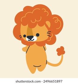 Cute kawaii lion in cartoon, flat, doodle, simple style. Design element for posters, postcards, greeting cards, wallpapers, children's clothes, fabrics, t-shirts, logos