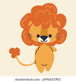 Cute kawaii lion in cartoon, flat, doodle, simple style. Design element for posters, postcards, greeting cards, wallpapers, children's clothes, fabrics, t-shirts, logos