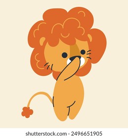 Cute kawaii lion in cartoon, flat, doodle, simple style. Design element for posters, postcards, greeting cards, wallpapers, children's clothes, fabrics, t-shirts, logos