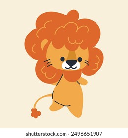 Cute kawaii lion in cartoon, flat, doodle, simple style. Design element for posters, postcards, greeting cards, wallpapers, children's clothes, fabrics, t-shirts, logos