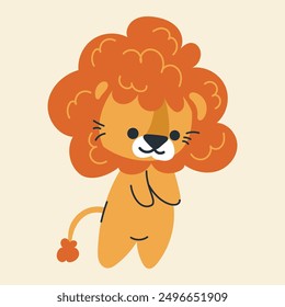 Cute kawaii lion in cartoon, flat, doodle, simple style. Design element for posters, postcards, greeting cards, wallpapers, children's clothes, fabrics, t-shirts, logos