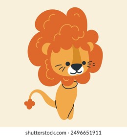 Cute kawaii lion in cartoon, flat, doodle, simple style. Design element for posters, postcards, greeting cards, wallpapers, children's clothes, fabrics, t-shirts, logos