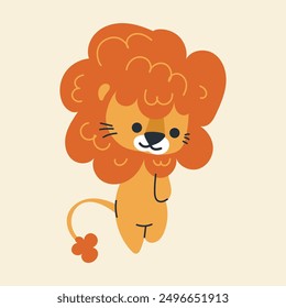 Cute kawaii lion in cartoon, flat, doodle, simple style. Design element for posters, postcards, greeting cards, wallpapers, children's clothes, fabrics, t-shirts, logos