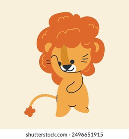 Cute kawaii lion in cartoon, flat, doodle, simple style. Design element for posters, postcards, greeting cards, wallpapers, children's clothes, fabrics, t-shirts, logos