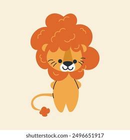 Cute kawaii lion in cartoon, flat, doodle, simple style. Design element for posters, postcards, greeting cards, wallpapers, children's clothes, fabrics, t-shirts, logos