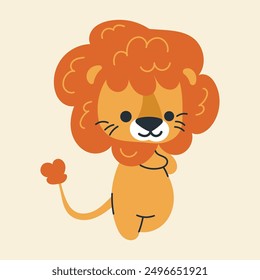 Cute kawaii lion in cartoon, flat, doodle, simple style. Design element for posters, postcards, greeting cards, wallpapers, children's clothes, fabrics, t-shirts, logos