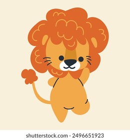 Cute kawaii lion in cartoon, flat, doodle, simple style. Design element for posters, postcards, greeting cards, wallpapers, children's clothes, fabrics, t-shirts, logos