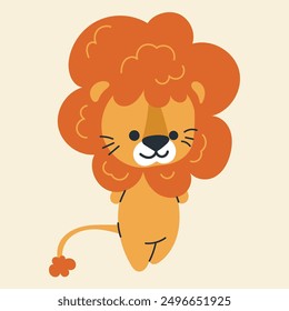 Cute kawaii lion in cartoon, flat, doodle, simple style. Design element for posters, postcards, greeting cards, wallpapers, children's clothes, fabrics, t-shirts, logos