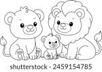 Cute kawaii lion family and baby cartoon character coloring page vector illustration. Wild animal, mothers day, fathers day colouring page for kids