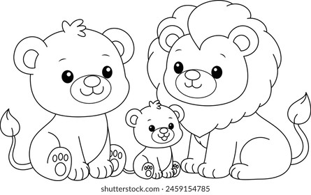 Cute kawaii lion family and baby cartoon character coloring page vector illustration. Wild animal, mothers day, fathers day colouring page for kids