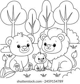 Cute kawaii lion family and baby cartoon character coloring page vector illustration. Wild animal, mothers day, fathers day colouring page for kids