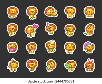 Cute kawaii lion with happy face. Sticker Bookmark. Animal cartoon characters. Hand drawn style. Vector drawing. Collection of design elements.
