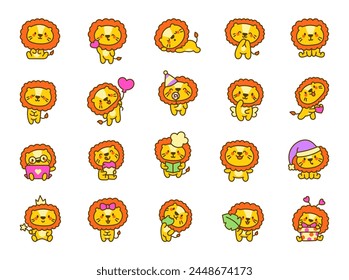 Cute kawaii lion with happy face. Animal cartoon characters. Hand drawn style. Vector drawing. Collection of design elements.