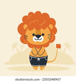 Cute kawaii lion on beach in cartoon, flat, doodle, simple style. Design element for posters, postcards, greeting cards, wallpapers, children's clothes, fabrics, t-shirts, logos