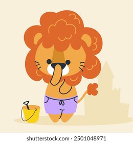 Cute kawaii lion on beach in cartoon, flat, doodle, simple style. Design element for posters, postcards, greeting cards, wallpapers, children's clothes, fabrics, t-shirts, logos