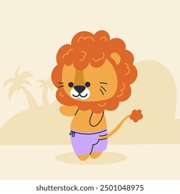 Cute kawaii lion on beach in cartoon, flat, doodle, simple style. Design element for posters, postcards, greeting cards, wallpapers, children's clothes, fabrics, t-shirts, logos