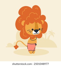 Cute kawaii lion on beach in cartoon, flat, doodle, simple style. Design element for posters, postcards, greeting cards, wallpapers, children's clothes, fabrics, t-shirts, logos