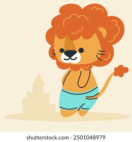 Cute kawaii lion on beach in cartoon, flat, doodle, simple style. Design element for posters, postcards, greeting cards, wallpapers, children's clothes, fabrics, t-shirts, logos