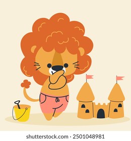 Cute kawaii lion on beach in cartoon, flat, doodle, simple style. Design element for posters, postcards, greeting cards, wallpapers, children's clothes, fabrics, t-shirts, logos