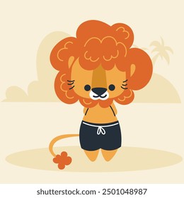 Cute kawaii lion on beach in cartoon, flat, doodle, simple style. Design element for posters, postcards, greeting cards, wallpapers, children's clothes, fabrics, t-shirts, logos