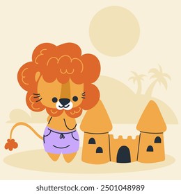 Cute kawaii lion on beach in cartoon, flat, doodle, simple style. Design element for posters, postcards, greeting cards, wallpapers, children's clothes, fabrics, t-shirts, logos