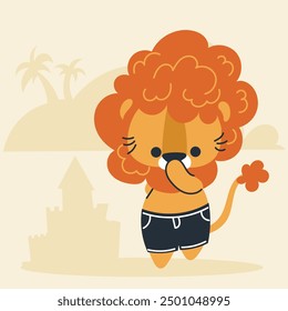 Cute kawaii lion on beach in cartoon, flat, doodle, simple style. Design element for posters, postcards, greeting cards, wallpapers, children's clothes, fabrics, t-shirts, logos