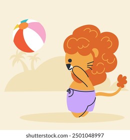 Cute kawaii lion on beach in cartoon, flat, doodle, simple style. Design element for posters, postcards, greeting cards, wallpapers, children's clothes, fabrics, t-shirts, logos