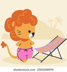 Cute kawaii lion on beach in cartoon, flat, doodle, simple style. Design element for posters, postcards, greeting cards, wallpapers, children's clothes, fabrics, t-shirts, logos