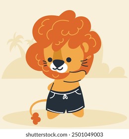 Cute kawaii lion on beach in cartoon, flat, doodle, simple style. Design element for posters, postcards, greeting cards, wallpapers, children's clothes, fabrics, t-shirts, logos
