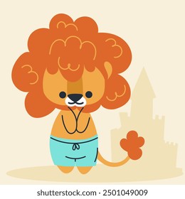 Cute kawaii lion on beach in cartoon, flat, doodle, simple style. Design element for posters, postcards, greeting cards, wallpapers, children's clothes, fabrics, t-shirts, logos