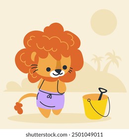 Cute kawaii lion on beach in cartoon, flat, doodle, simple style. Design element for posters, postcards, greeting cards, wallpapers, children's clothes, fabrics, t-shirts, logos