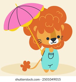 Cute kawaii lion on beach in cartoon, flat, doodle, simple style. Design element for posters, postcards, greeting cards, wallpapers, children's clothes, fabrics, t-shirts, logos