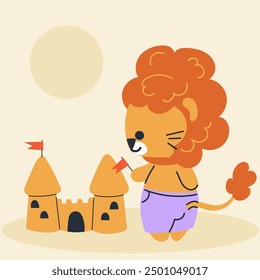 Cute kawaii lion on beach in cartoon, flat, doodle, simple style. Design element for posters, postcards, greeting cards, wallpapers, children's clothes, fabrics, t-shirts, logos