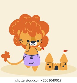 Cute kawaii lion on beach in cartoon, flat, doodle, simple style. Design element for posters, postcards, greeting cards, wallpapers, children's clothes, fabrics, t-shirts, logos
