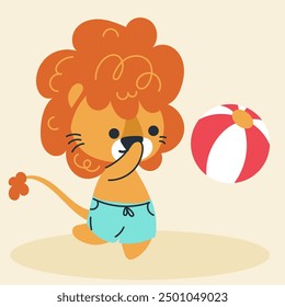 Cute kawaii lion on beach in cartoon, flat, doodle, simple style. Design element for posters, postcards, greeting cards, wallpapers, children's clothes, fabrics, t-shirts, logos