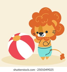 Cute kawaii lion on beach in cartoon, flat, doodle, simple style. Design element for posters, postcards, greeting cards, wallpapers, children's clothes, fabrics, t-shirts, logos