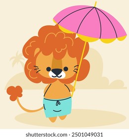 Cute kawaii lion on beach in cartoon, flat, doodle, simple style. Design element for posters, postcards, greeting cards, wallpapers, children's clothes, fabrics, t-shirts, logos