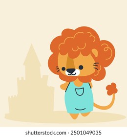 Cute kawaii lion on beach in cartoon, flat, doodle, simple style. Design element for posters, postcards, greeting cards, wallpapers, children's clothes, fabrics, t-shirts, logos