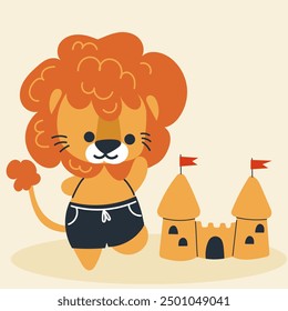 Cute kawaii lion on beach in cartoon, flat, doodle, simple style. Design element for posters, postcards, greeting cards, wallpapers, children's clothes, fabrics, t-shirts, logos