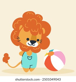 Cute kawaii lion on beach in cartoon, flat, doodle, simple style. Design element for posters, postcards, greeting cards, wallpapers, children's clothes, fabrics, t-shirts, logos