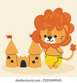 Cute kawaii lion on beach in cartoon, flat, doodle, simple style. Design element for posters, postcards, greeting cards, wallpapers, children's clothes, fabrics, t-shirts, logos