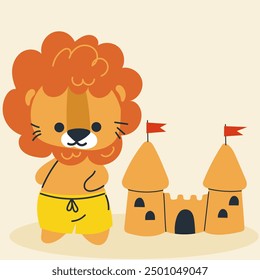 Cute kawaii lion on beach in cartoon, flat, doodle, simple style. Design element for posters, postcards, greeting cards, wallpapers, children's clothes, fabrics, t-shirts, logos