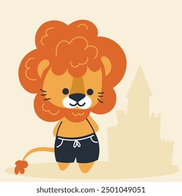 Cute kawaii lion on beach in cartoon, flat, doodle, simple style. Design element for posters, postcards, greeting cards, wallpapers, children's clothes, fabrics, t-shirts, logos