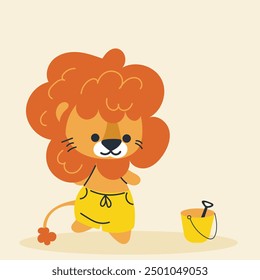 Cute kawaii lion on beach in cartoon, flat, doodle, simple style. Design element for posters, postcards, greeting cards, wallpapers, children's clothes, fabrics, t-shirts, logos