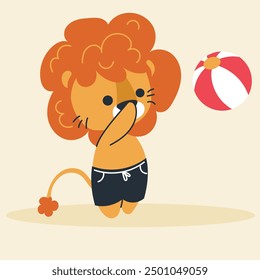 Cute kawaii lion on beach in cartoon, flat, doodle, simple style. Design element for posters, postcards, greeting cards, wallpapers, children's clothes, fabrics, t-shirts, logos